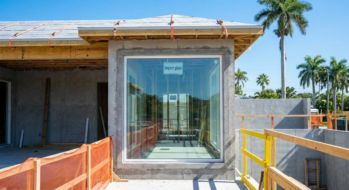 Luxury Naples home with impact glass windows and Mediterranean roof under golden hour light showcasing hurricane-resistant design