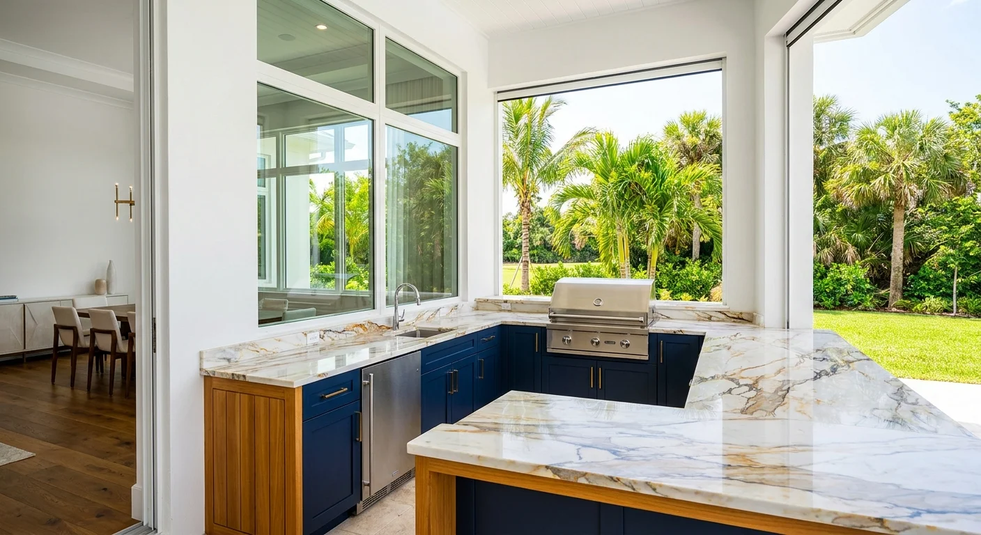 Outdoor kitchen in a luxury Mediterranean-style Naples home with integrated smart technology and golden hour lighting