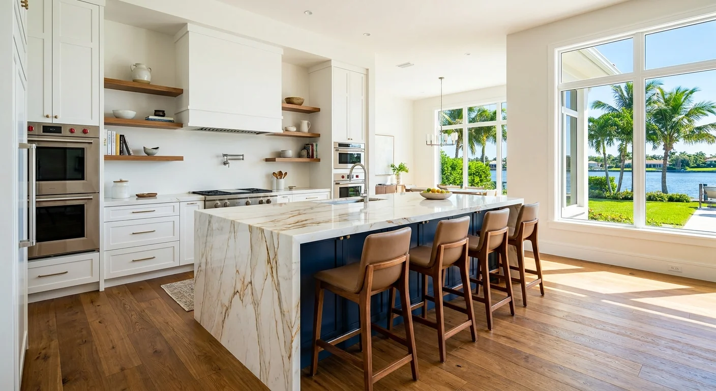 Mediterranean-style luxury kitchen island in Naples with deep drawers and golden hour lighting highlighting custom cabinetry