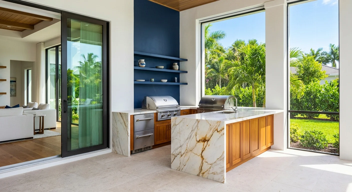 Luxury outdoor kitchen with Mediterranean design, coastal Naples Florida setting, featuring upscale island and golden hour lighting