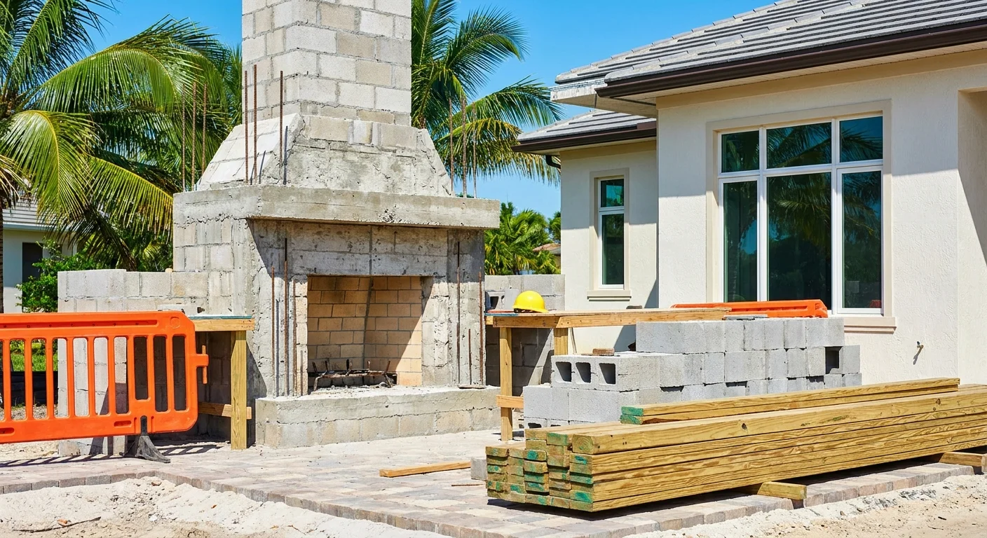 Mediterranean style luxury outdoor fireplace at golden hour showcasing Naples Florida coastal home design and fire safety compliance