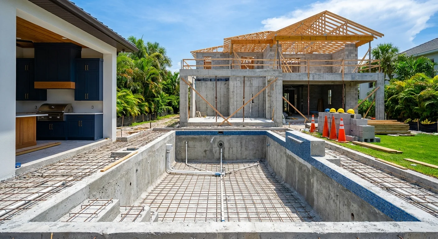 Luxury custom home in Naples with Mediterranean roof, foundation, outdoor kitchen, and pool at golden hour lighting