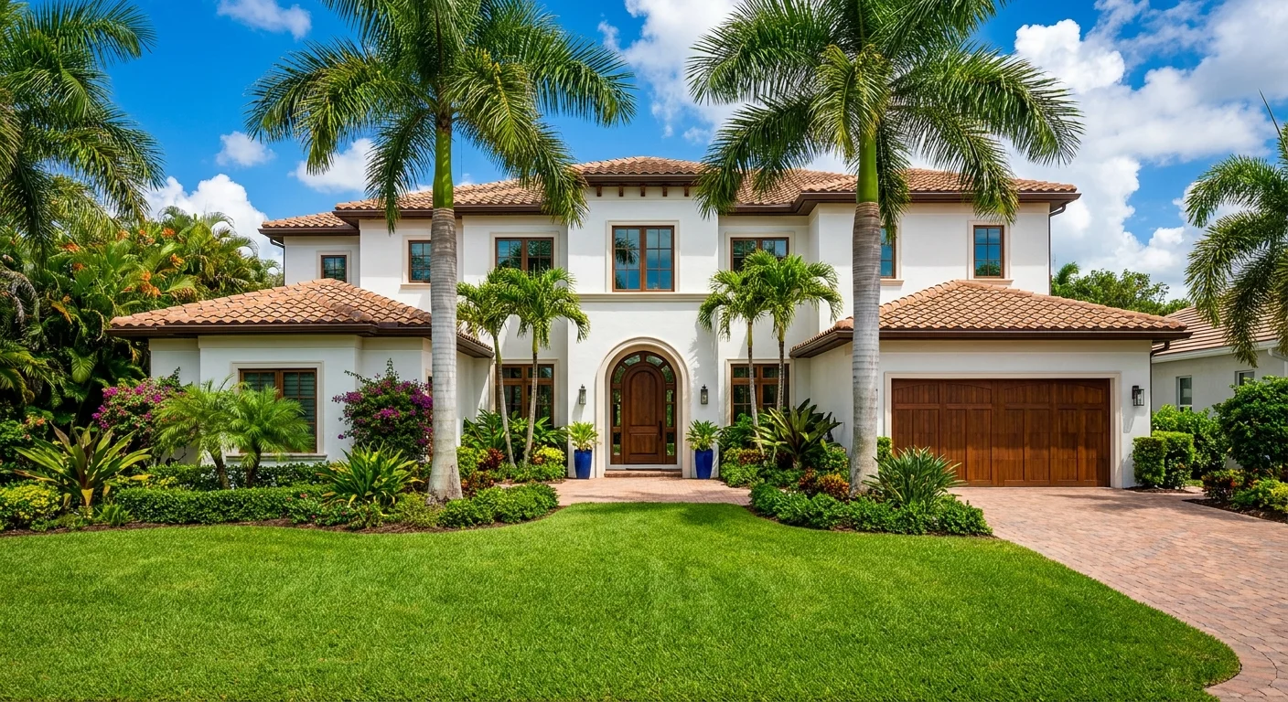 Mediterranean-style Pelican Bay luxury villa at golden hour showcasing elegant architecture and integrated smart home security features
