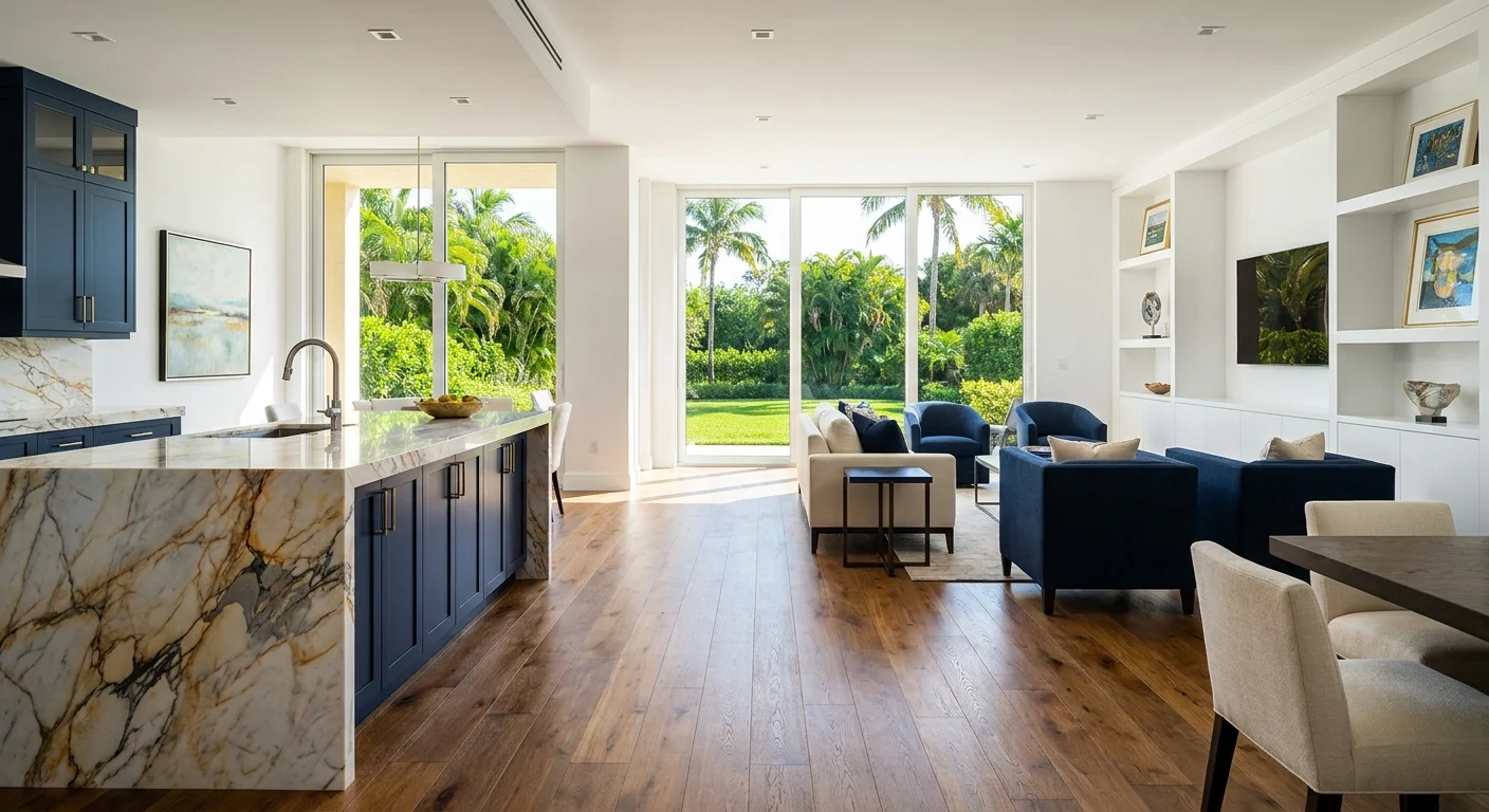 Mediterranean-style luxury condos in Pelican Bay with golden hour light highlighting coastal architecture in Naples, Florida