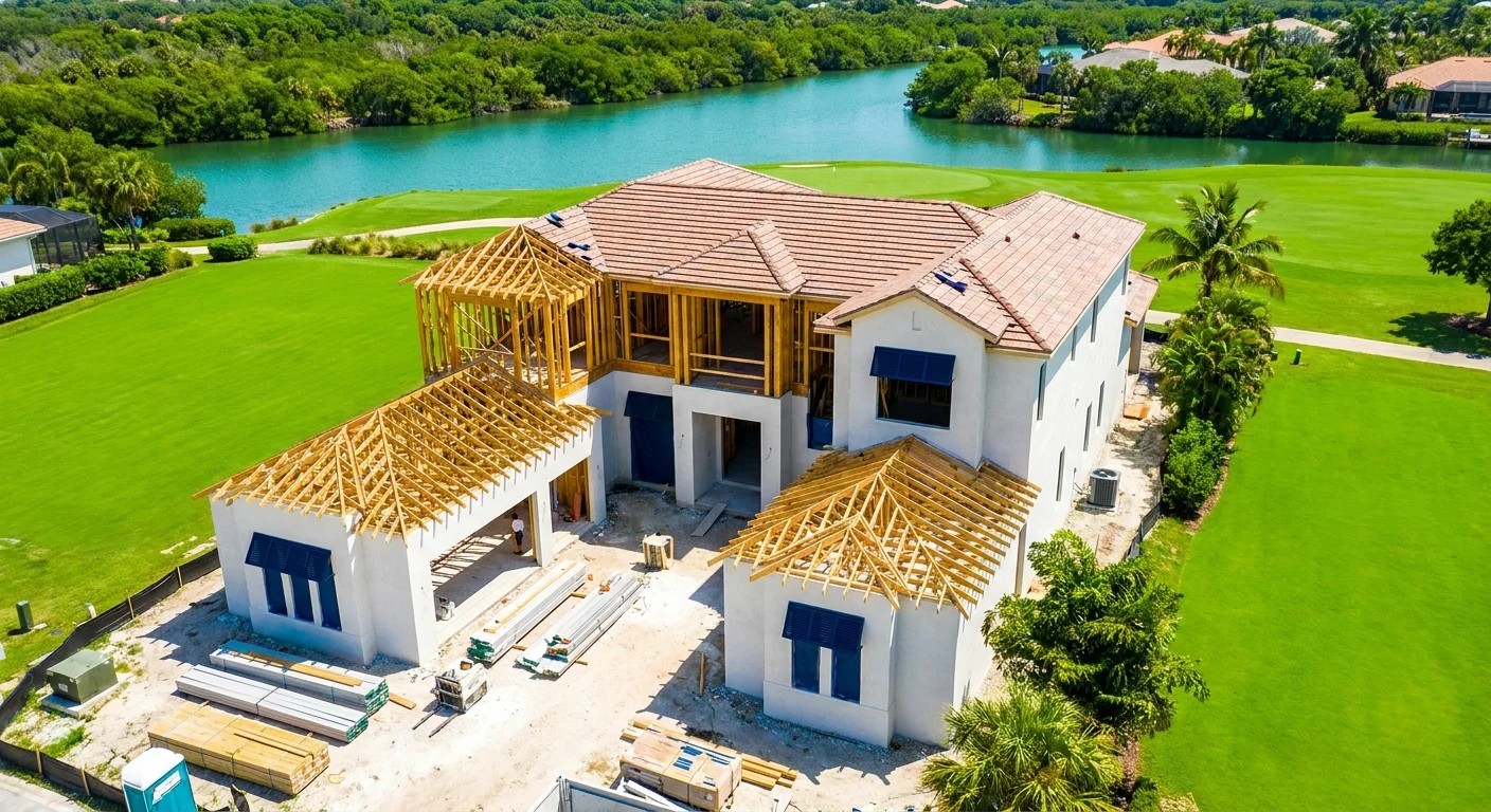 Mediterranean-style luxury custom home in Pelican Bay Naples at golden hour with coastal landscaping and elegant architectural details